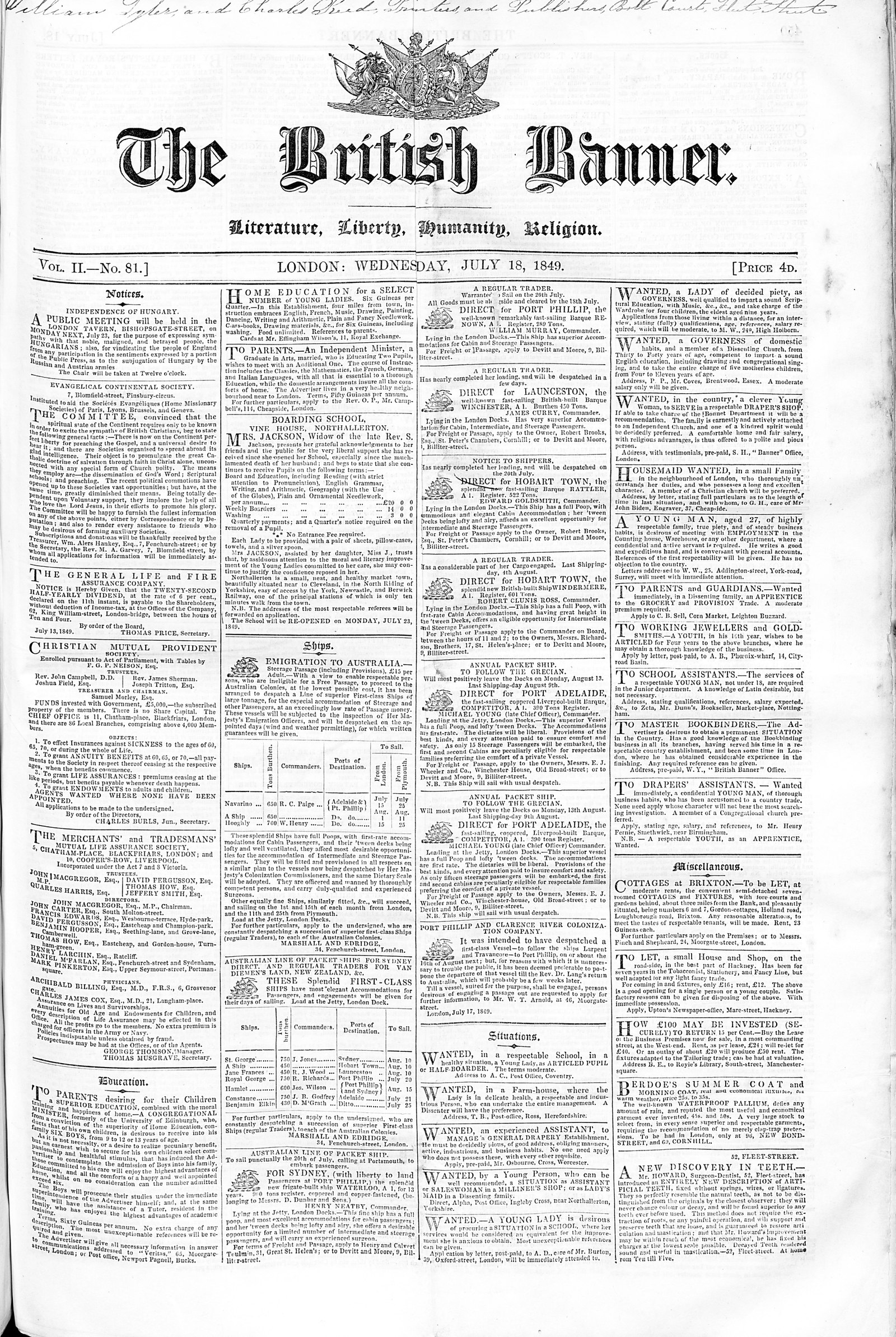 Front page of The British Banner, London, Wednesday 18 July 1849, with its blackletter nameplate and the motto Literature, Liberty, Humanity, Religion
