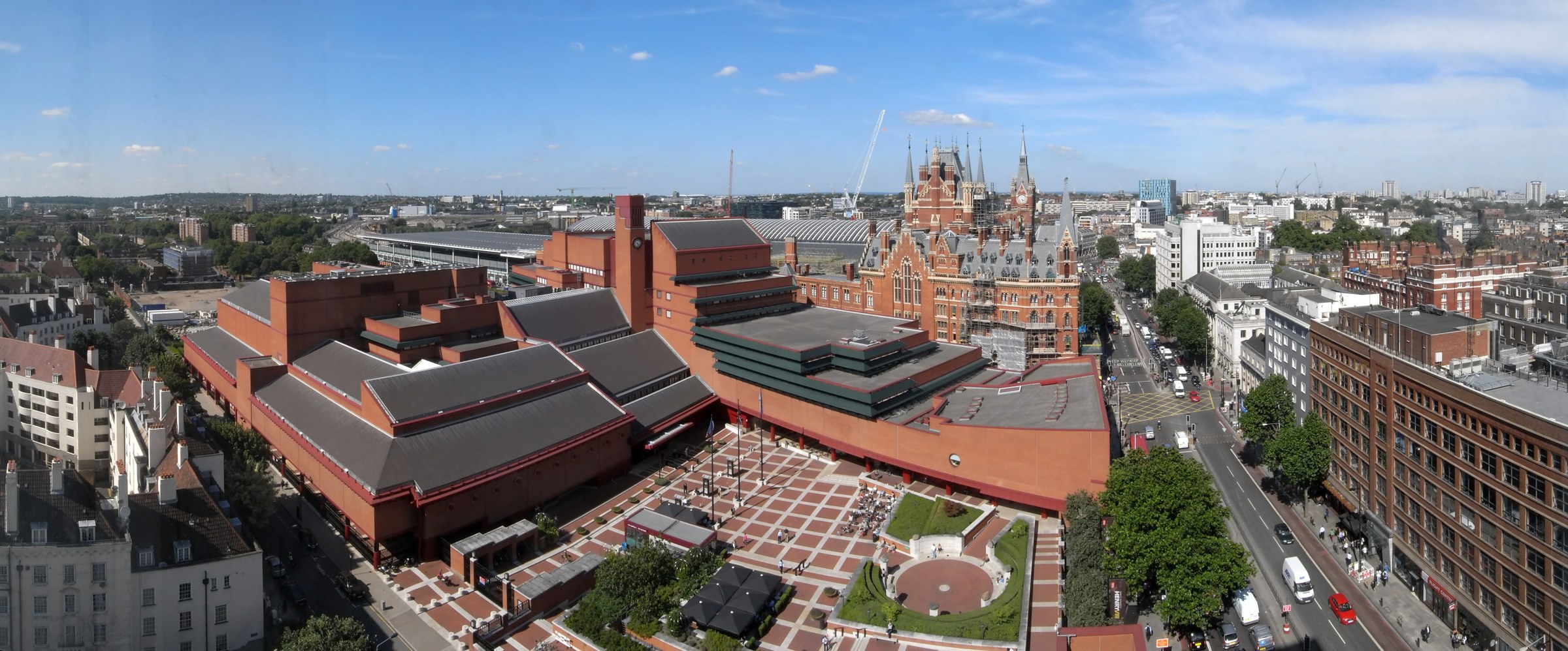 Aerial view of the British Library and its piazza, home of the Reading Rooms a British Library Reader Pass opens