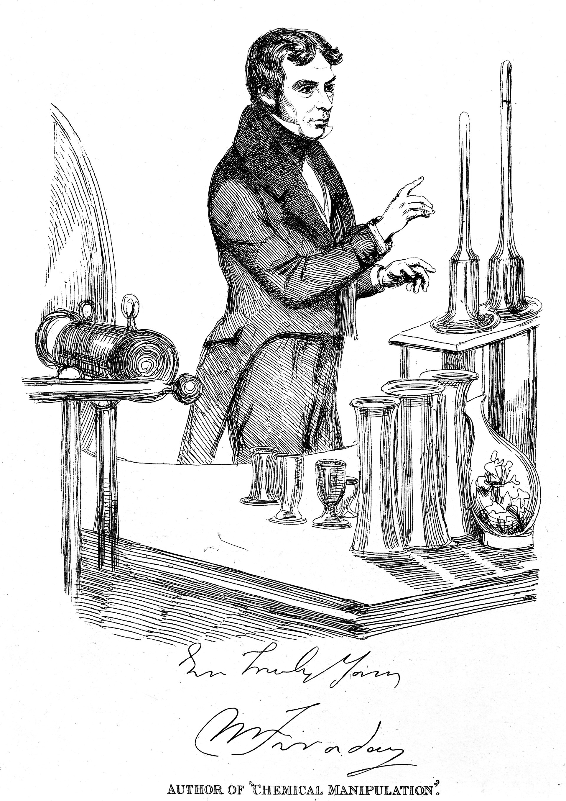 Michael Faraday lecturing at a bench of glass apparatus, in an etching after Maclise