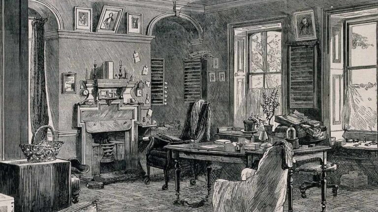 Historical wood engraving of Charles Darwin's study at Down House in Kent