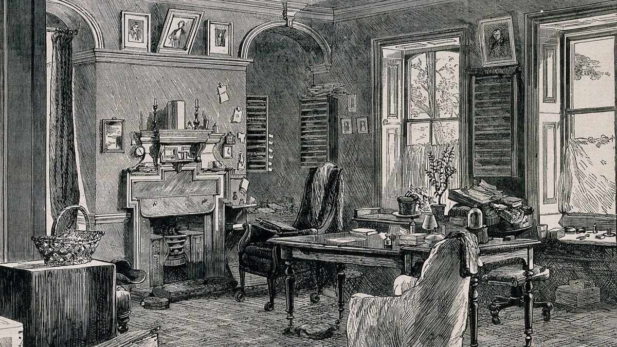 Historical wood engraving of Charles Darwin's study at Down House in Kent
