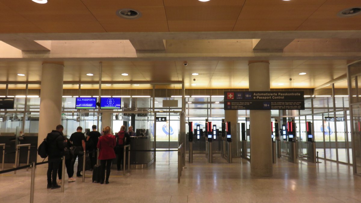 Passport control at Zurich Airport in2018, before EES, archive landscape photograph
