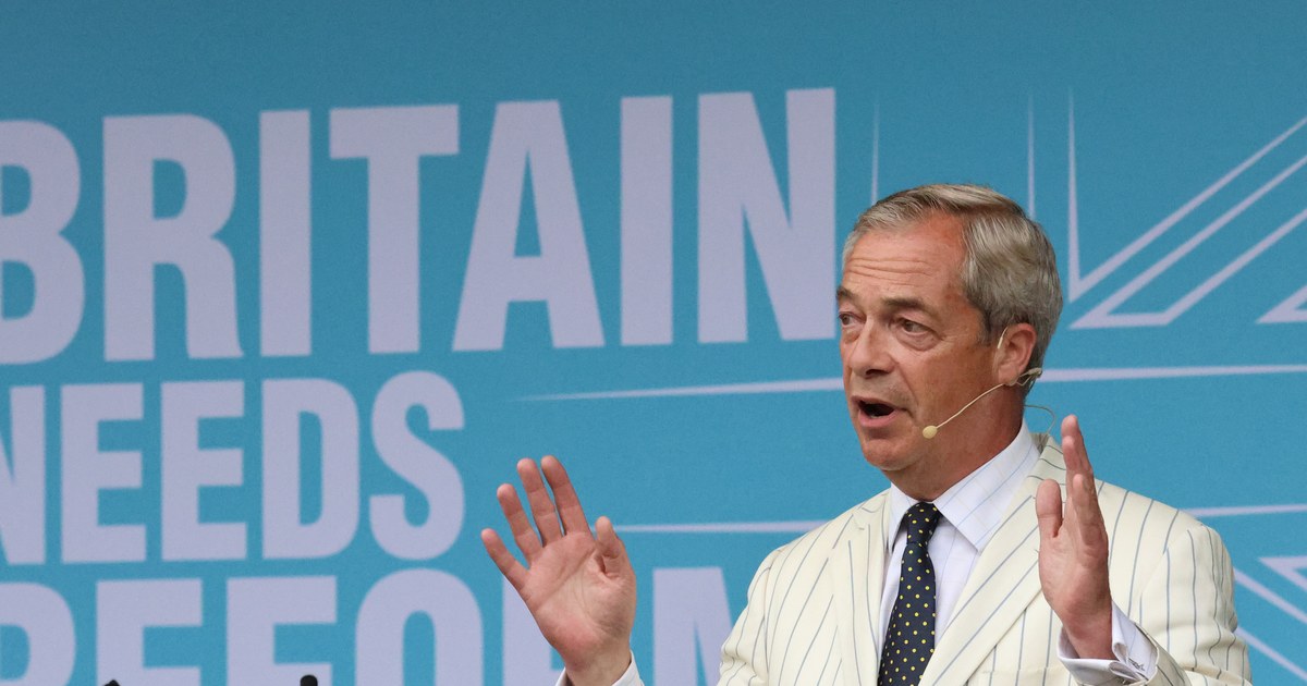 Nigel Farage addressing a Reform UK rally at Trago Mills in June 2024