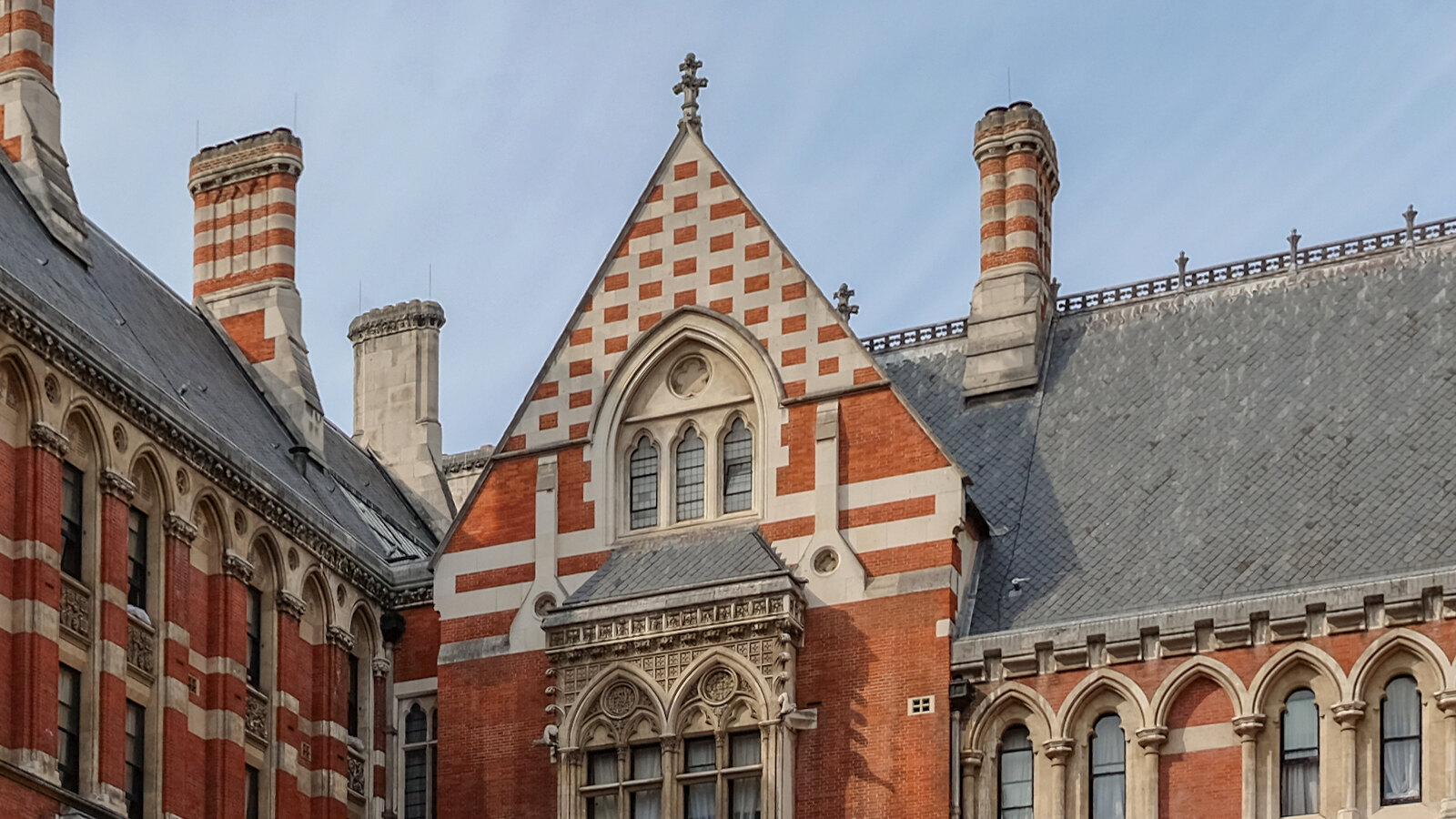 Gothic gable and brick detail at the Royal Courts of Justice in London, in a story about judge-alone trials.