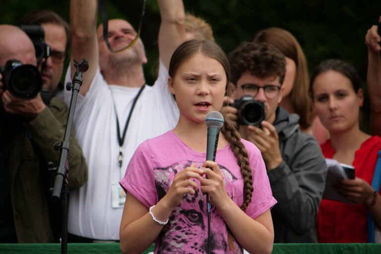 Greta Thunberg speaking at a rally in Berlin in 2019, archive image for the France student protests