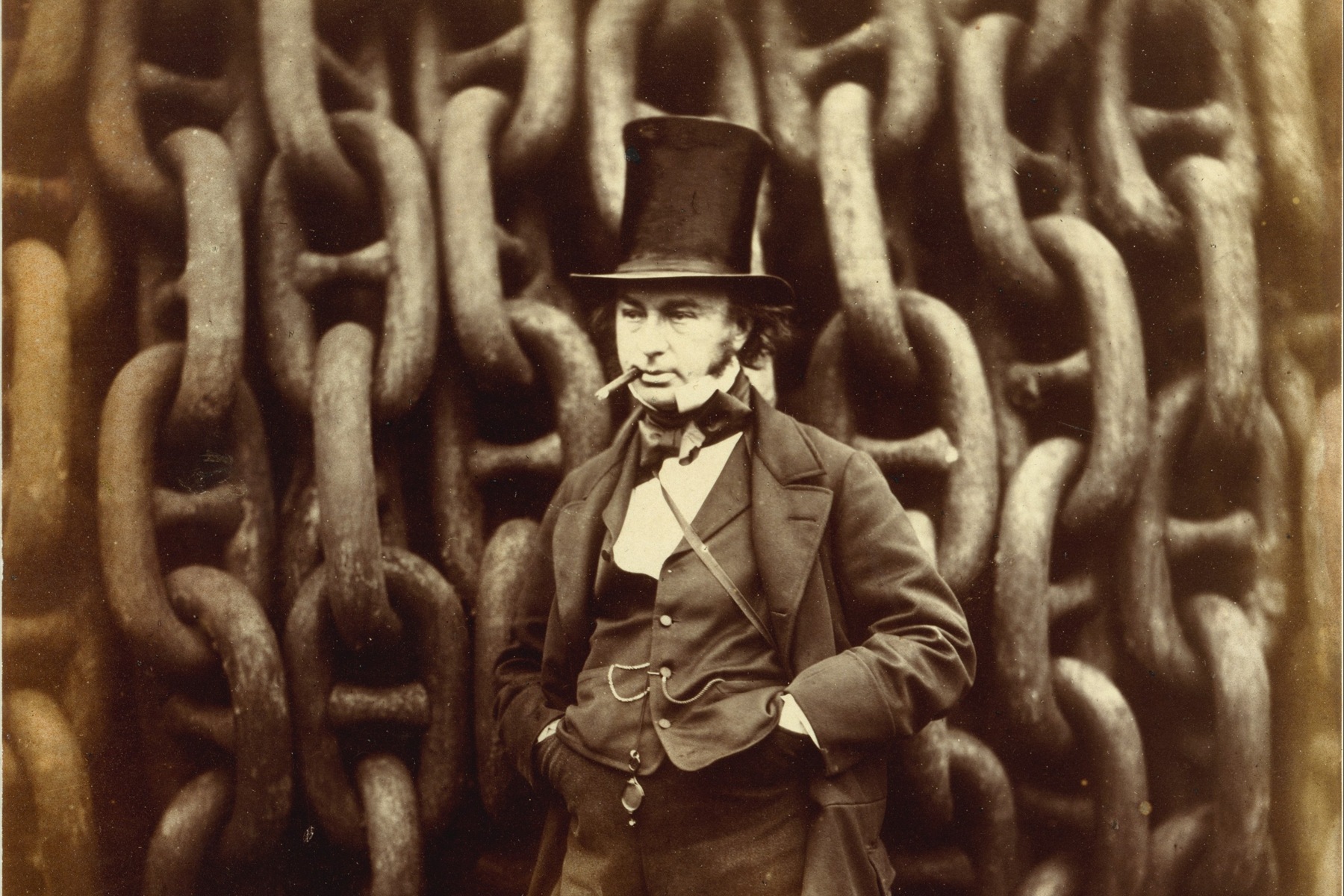 Isambard Kingdom Brunel standing beside the Great Eastern's launching chains
