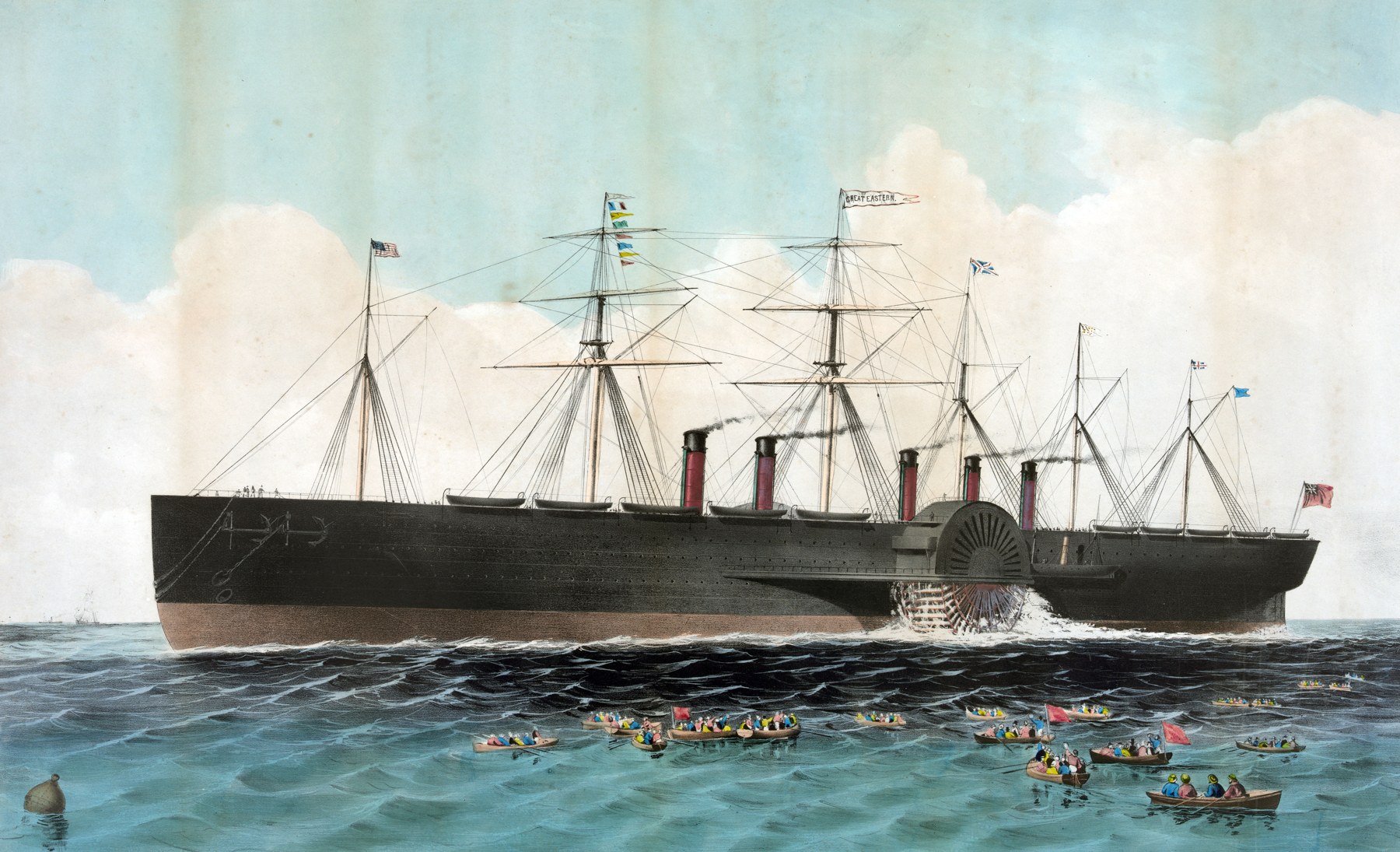Isambard Kingdom Brunel's ship in an 1858 lithograph showing the Great Eastern's sails, funnels and paddle wheel
