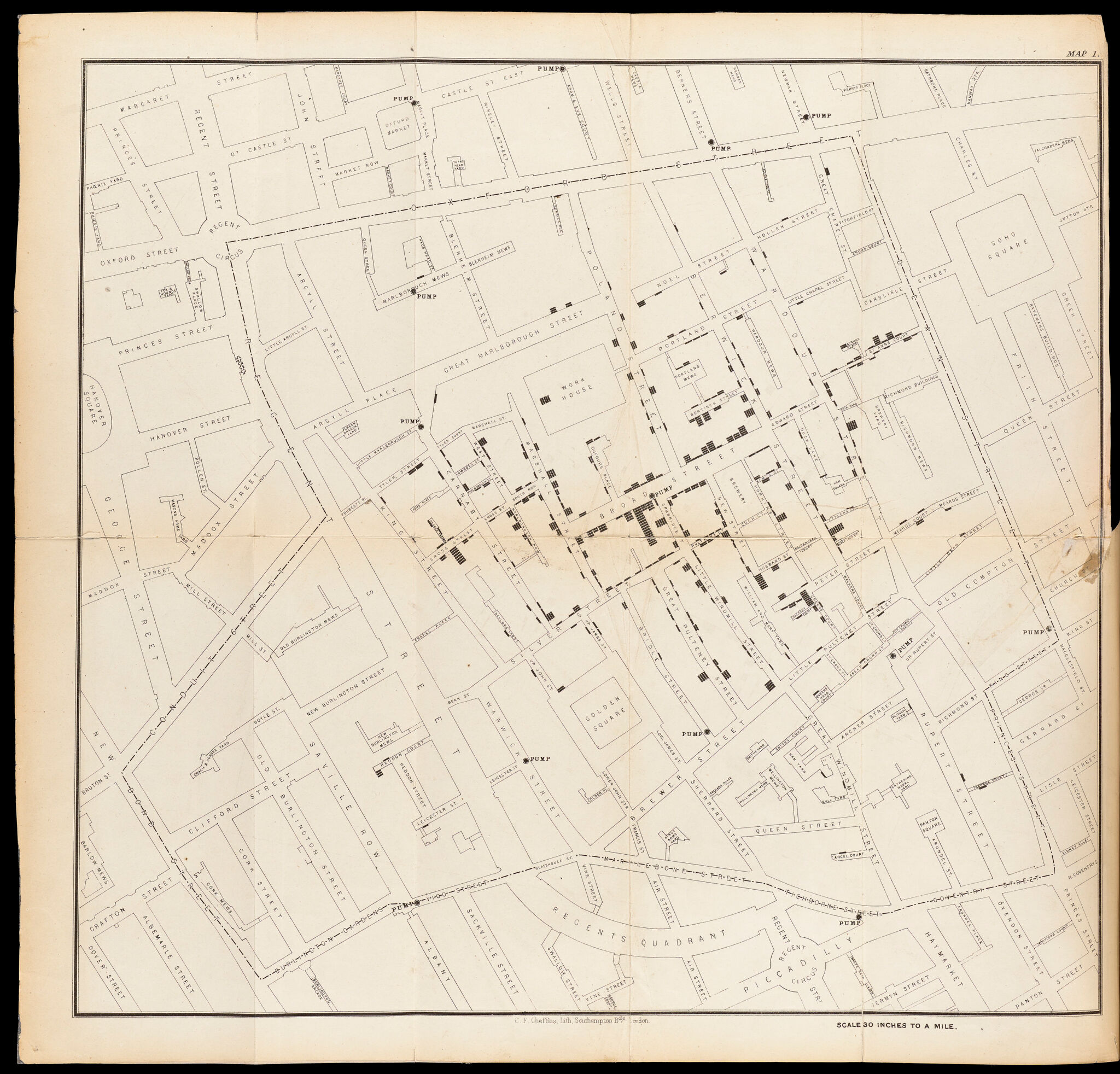 John Snow's map of deaths around the Broad Street pump in Soho