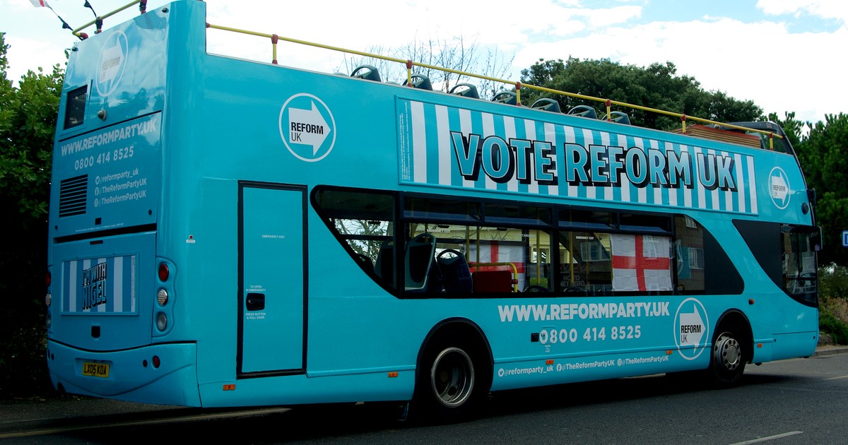 Reform UK open-top campaign bus in Clacton, the Essex seat Nigel Farage holds, during coverage of Undercover: A Year in Reform