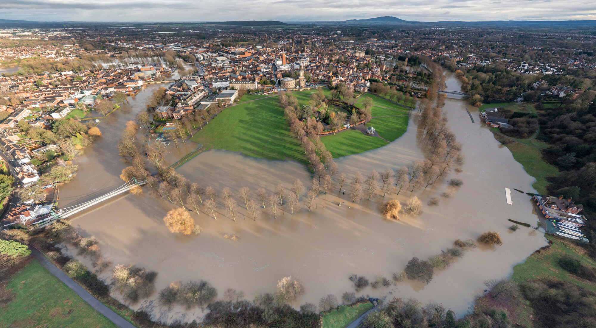 Aerial view of the River Severn in flood at Shrewsbury