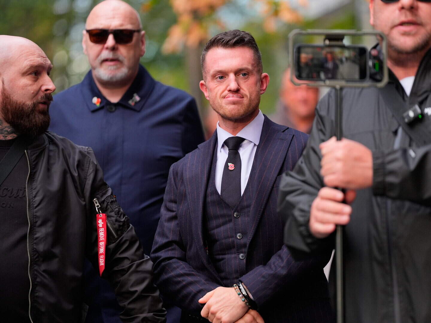 Tommy Robinson departing Southwark Crown Court after his harassment verdict on 28 October 2026